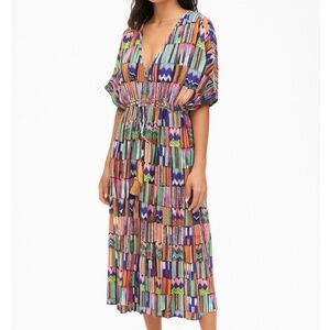 World Market Boho Geometric Print Midi Short Sleeve Rayon Dress Size S/M